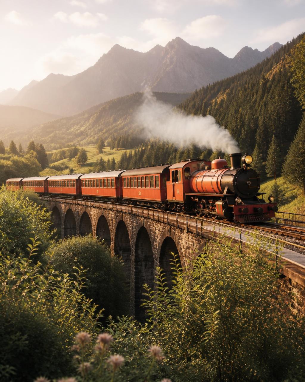 Warm train crossing a mountain valley